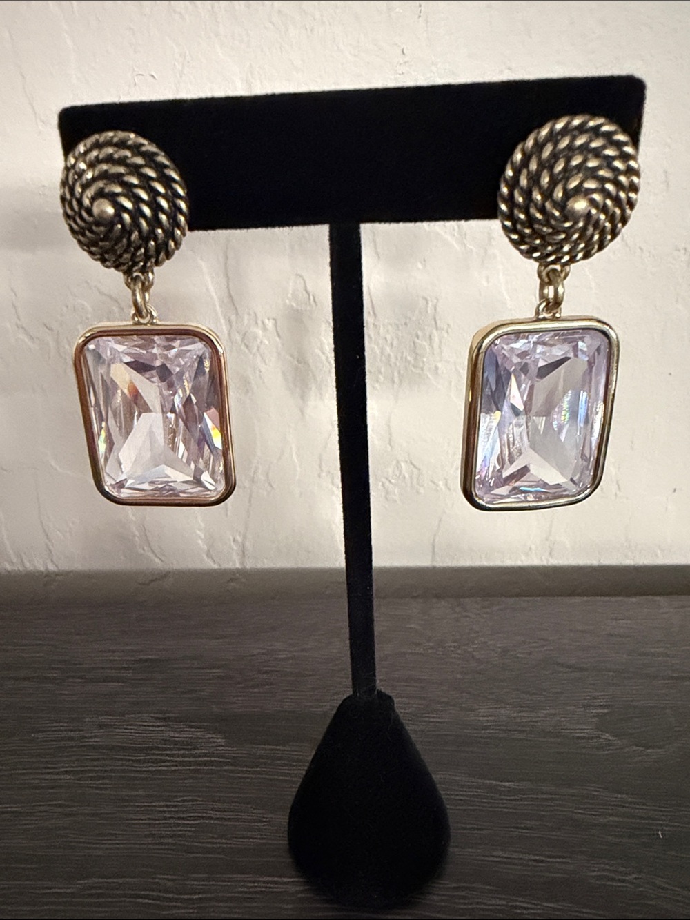 Gold-Tone Drop Earrings with Clear Rectangular Crystals
